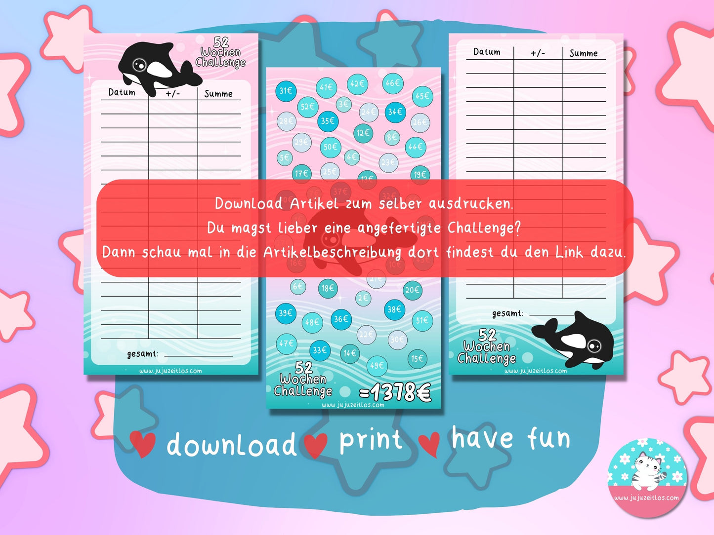 52 Wochen Challenge Orca Finne ♡Sparschallenges als Download A6♡