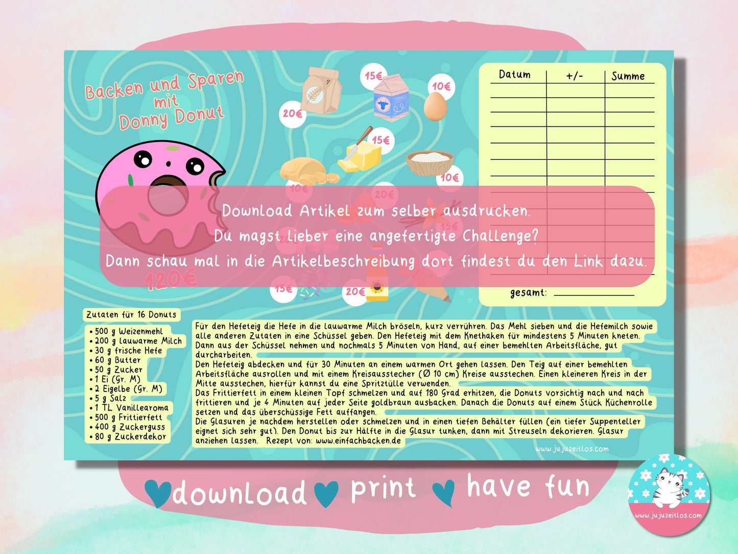 Klappkarte mit Donut Rezept spare 120 Euro ♡Sparschallenges als Download A6♡