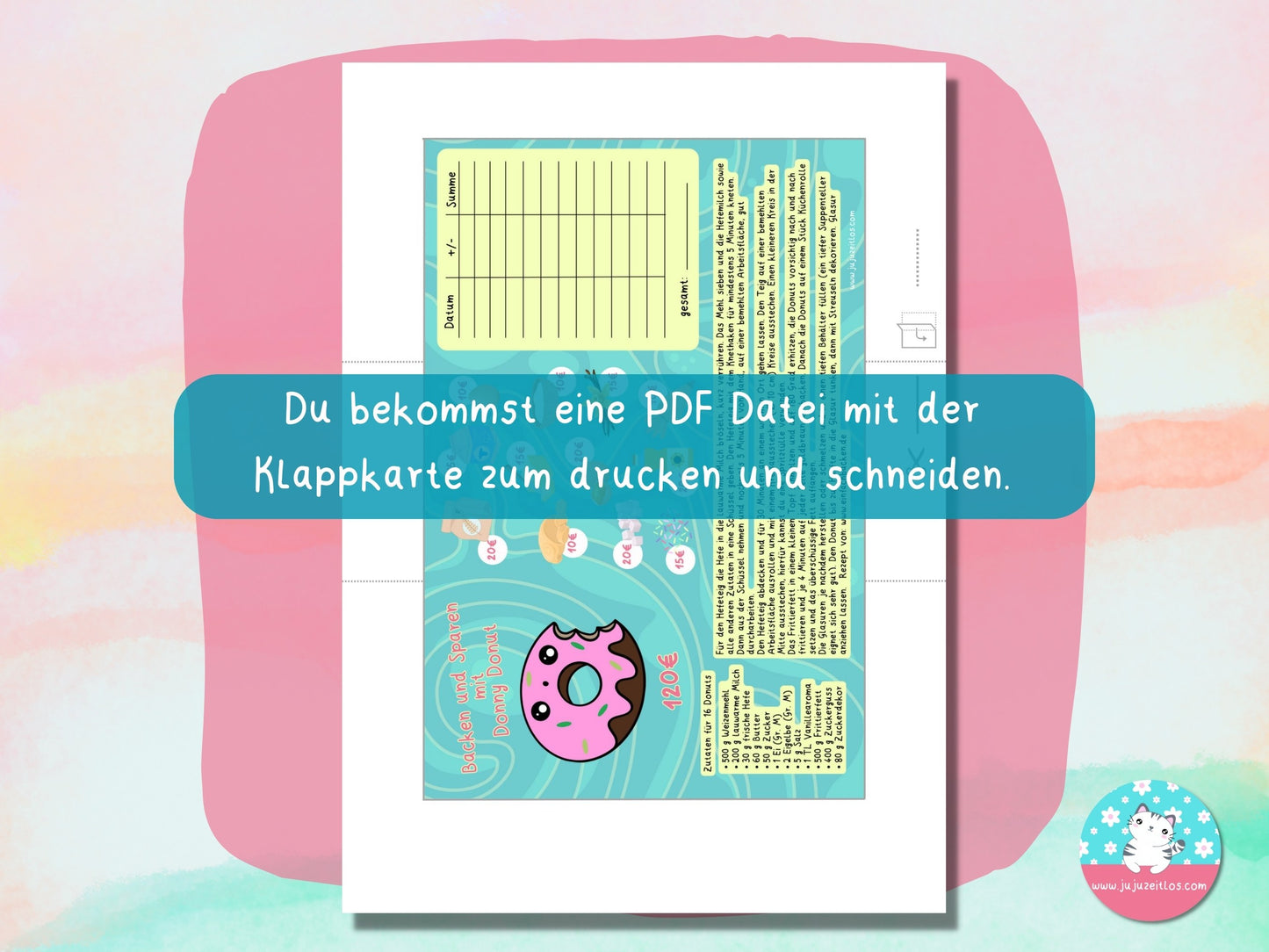 Klappkarte mit Donut Rezept spare 120 Euro ♡Sparschallenges als Download A6♡