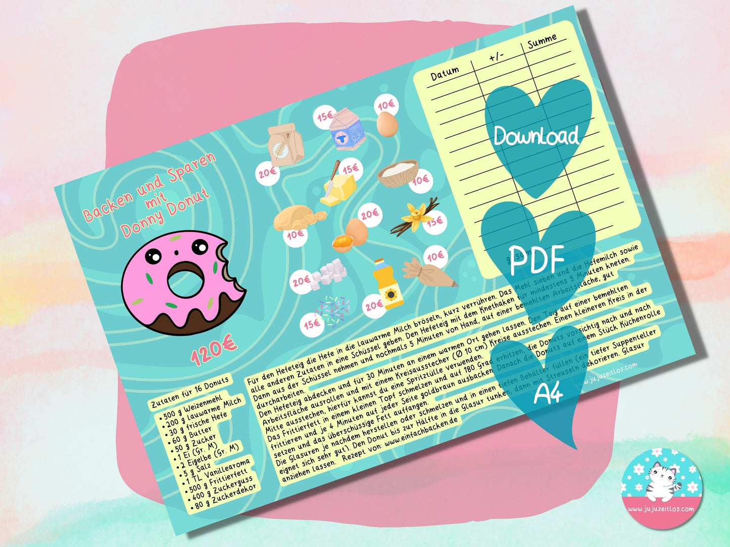 Klappkarte mit Donut Rezept spare 120 Euro ♡Sparschallenges als Download A6♡
