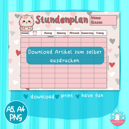 Stundenplan rosa Katze - DIN A5 & A4 - ♡Download♡