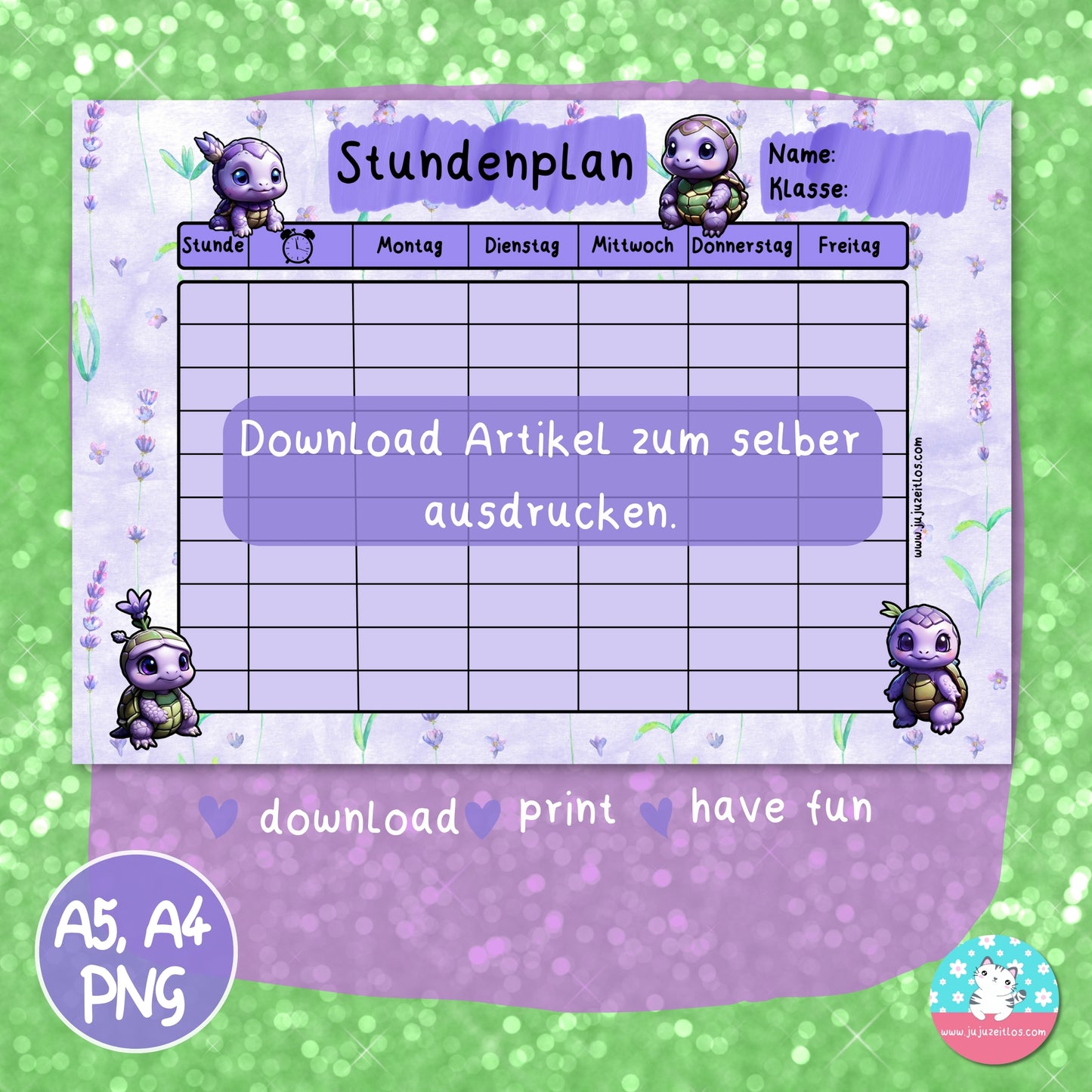 Stundenplan Lavendel Schildkröten - DIN A5 & A4 - ♡Download♡