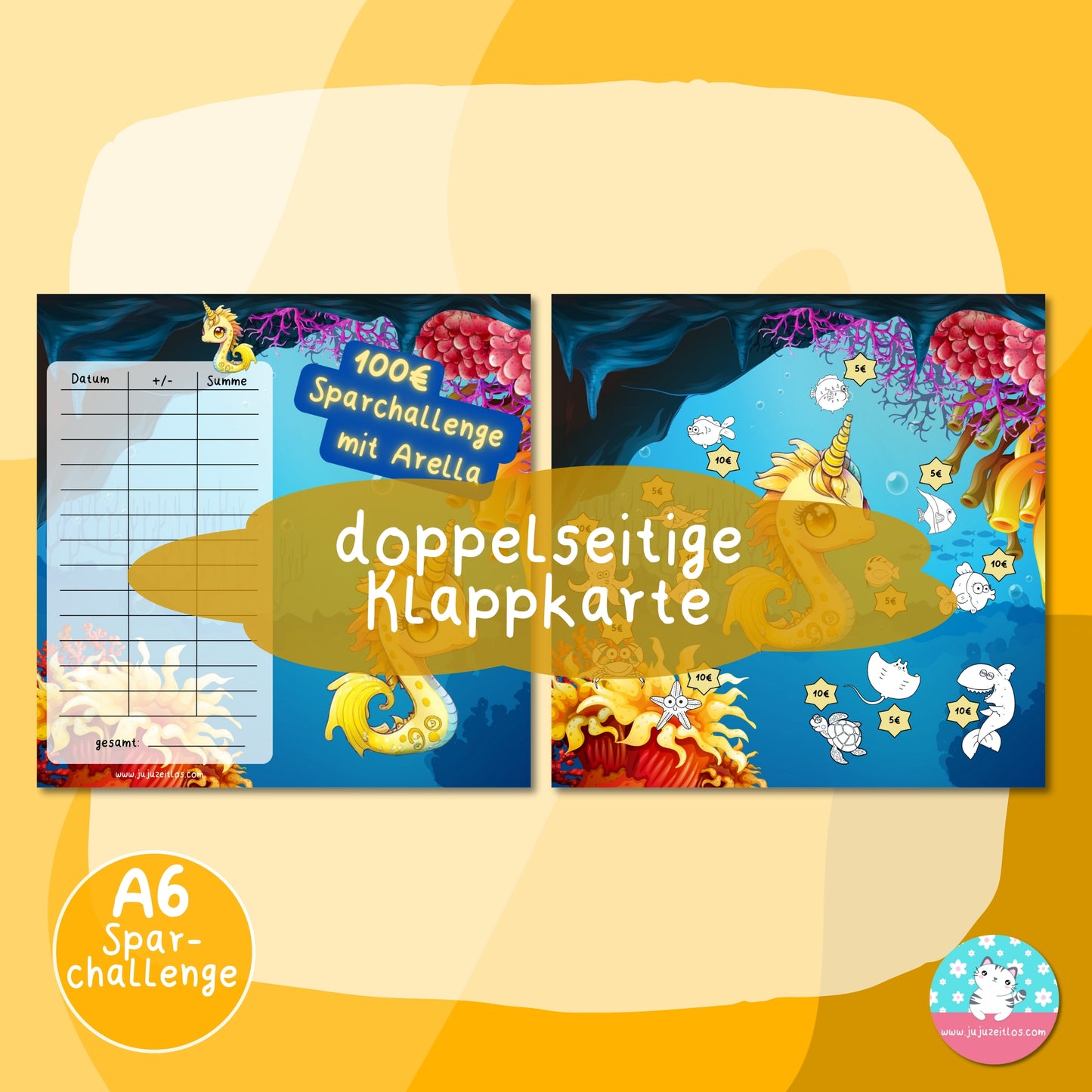 Klappkarte - Arella - Sparchallenge mit Meerestieren zum ausmalen -   ♡Download♡