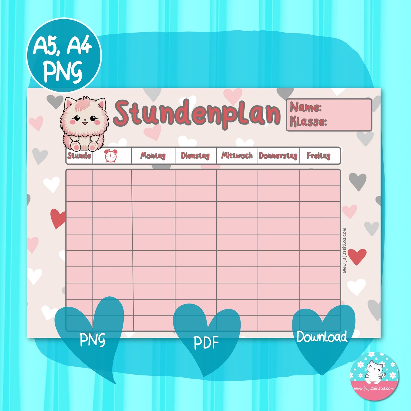 Stundenplan rosa Katze - DIN A5 & A4 - ♡Download♡