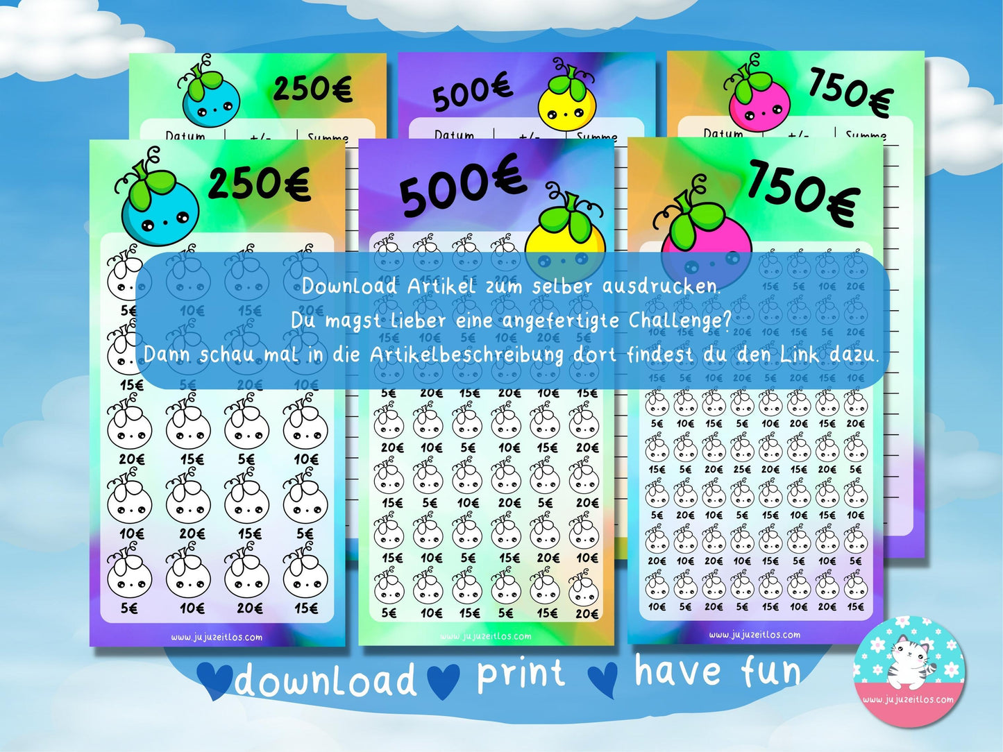 cute Berry 250€, 500€ und 750€ ♡Sparschallenges als Download A6♡ - JujuZeitlos