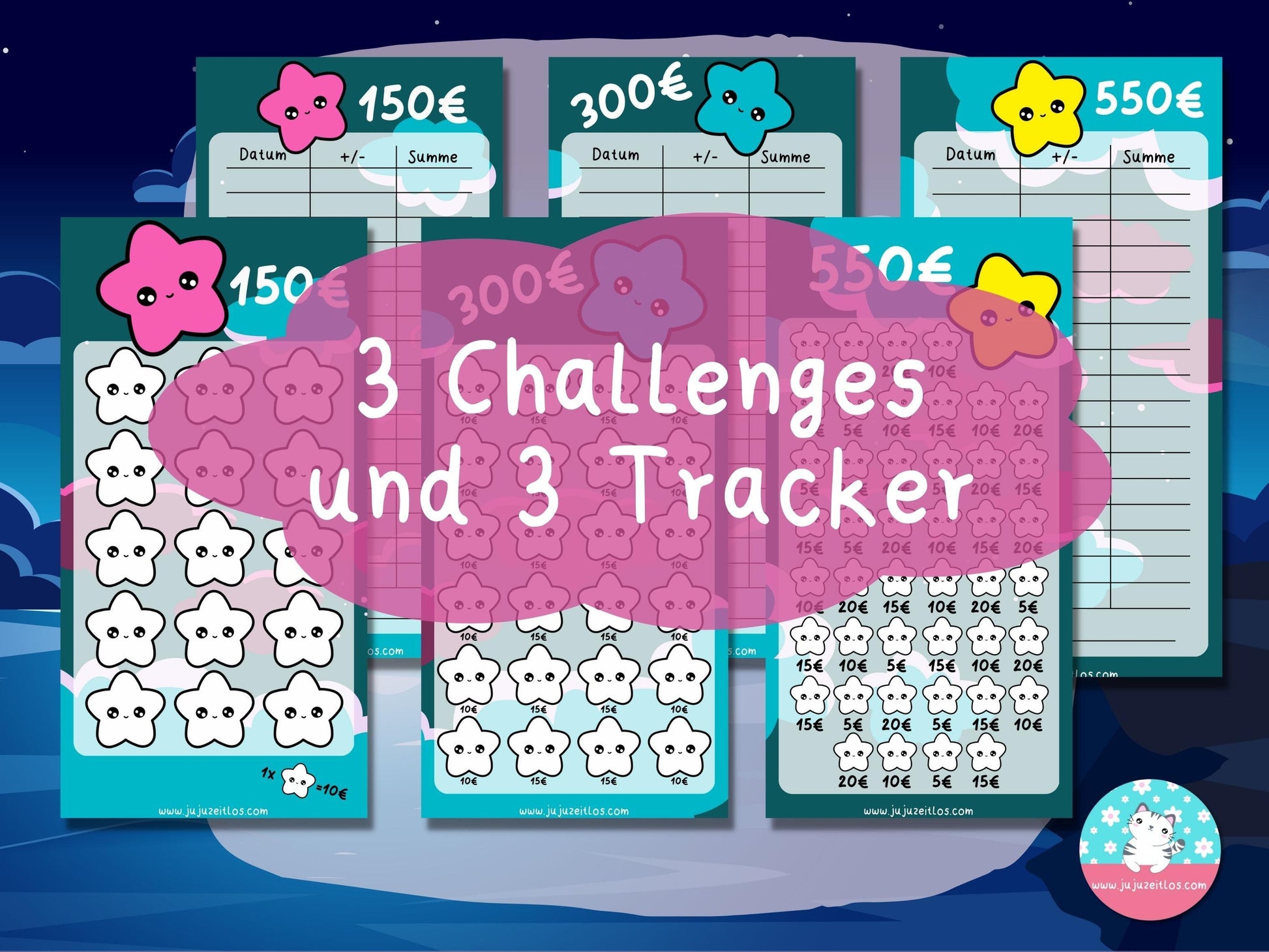 Kawaii Sterne 150€, 300€ und 550€ ♡Sparschallenges als Download A6♡ - JujuZeitlos