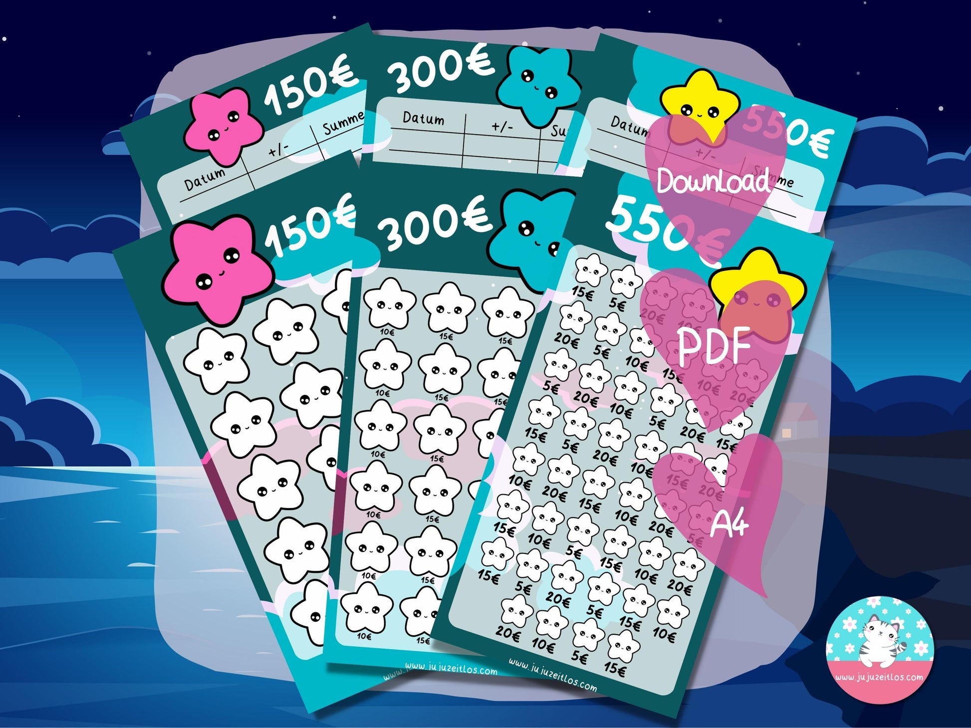 Kawaii Sterne 150€, 300€ und 550€ ♡Sparschallenges als Download A6♡ - JujuZeitlos