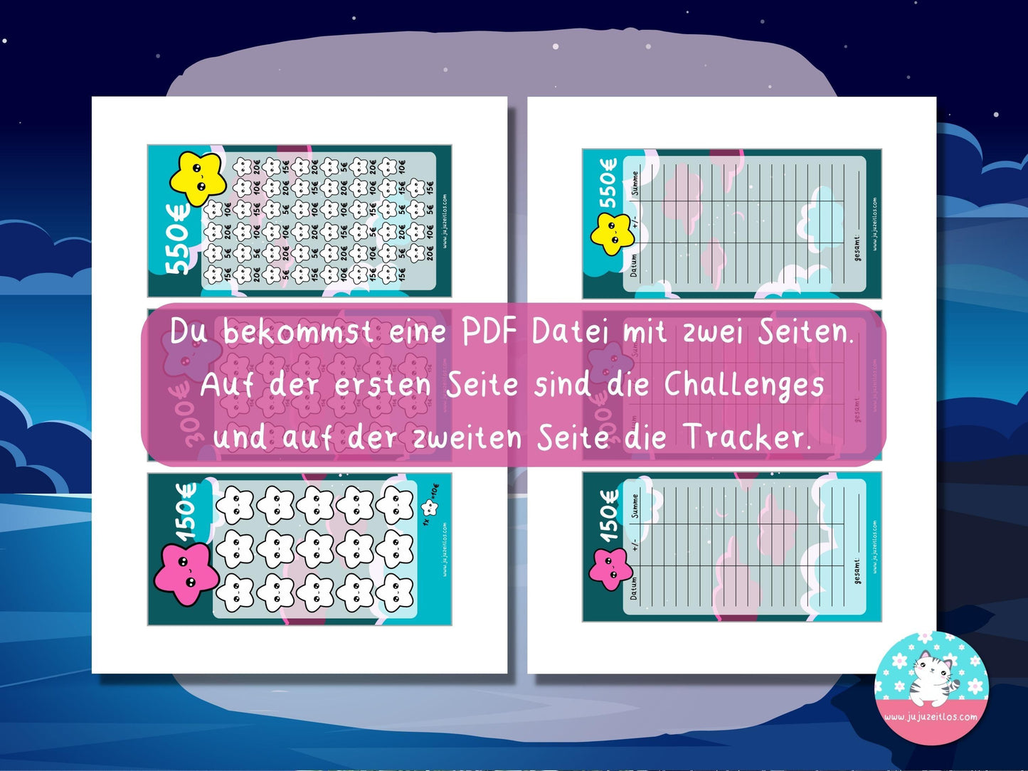 Kawaii Sterne 150€, 300€ und 550€ ♡Sparschallenges als Download A6♡
